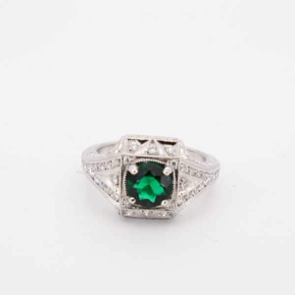 14KW Lab Emerald and Diamond Milgrain Ring