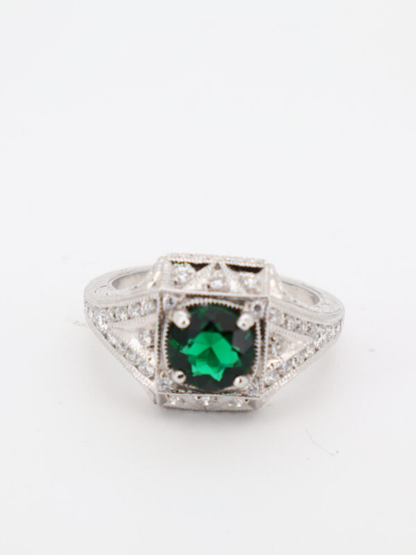 14KW Lab Emerald and Diamond Milgrain Ring