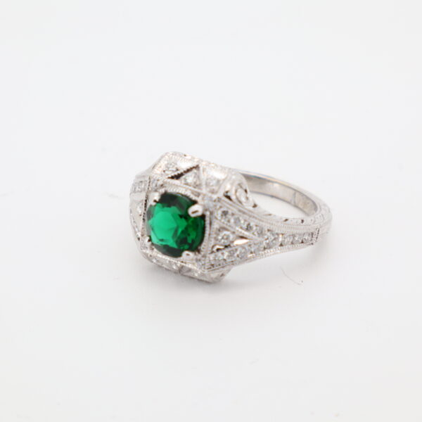 14KW Lab Emerald and Diamond Milgrain Ring