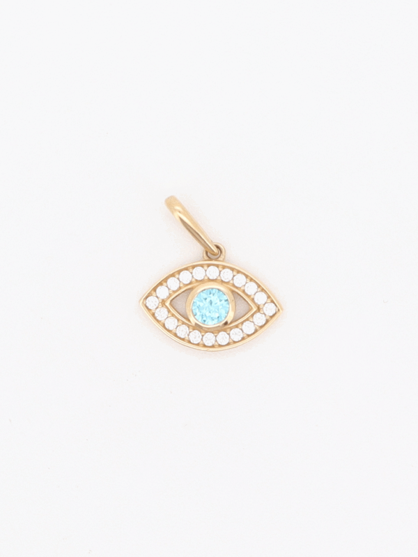 14KY CZ and Blue Topaz Evil Eye Pendant