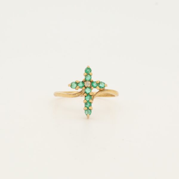 14KY Emerald and Diamond Cross Ring