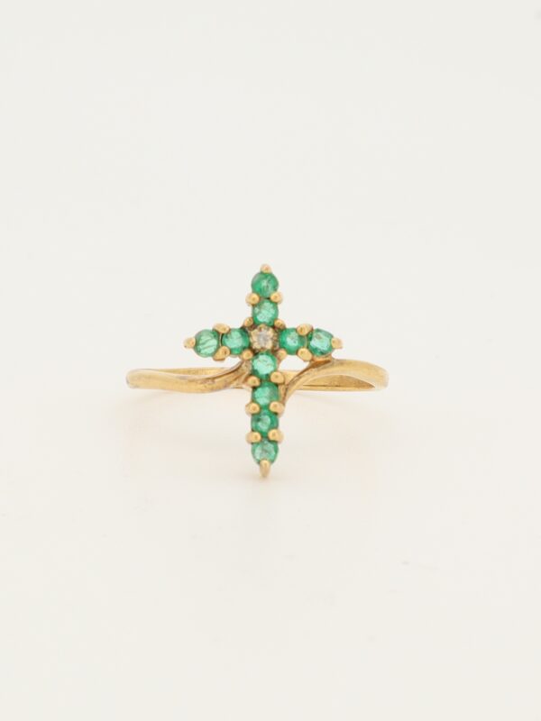 14KY Emerald and Diamond Cross Ring