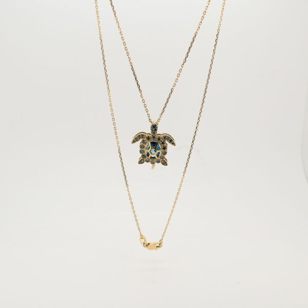 14KY Blue Diamond and Blue Topaz Turtle Necklace