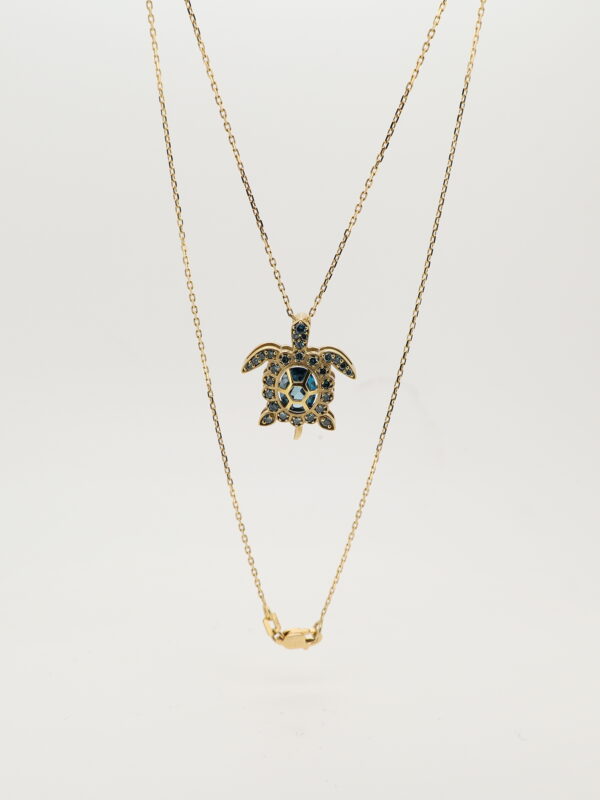 14KY Blue Diamond and Blue Topaz Turtle Necklace